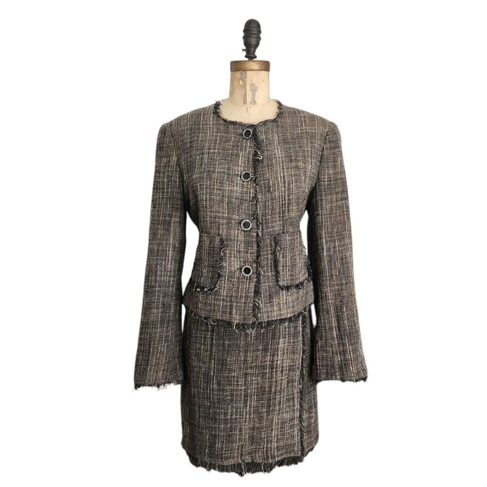 Vintage Emil Rutenberg Linen Fringe Tweed Suit Brown S 8 EUC
